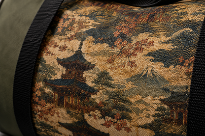 Vintage Japanese Military Green Temple Painting Duffel Gym Bag