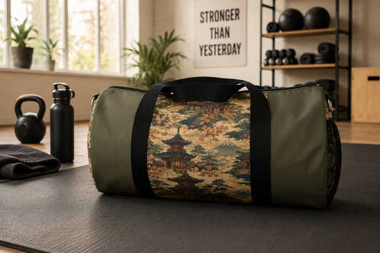 Vintage Japanese Military Green Temple Painting Duffel Gym Bag