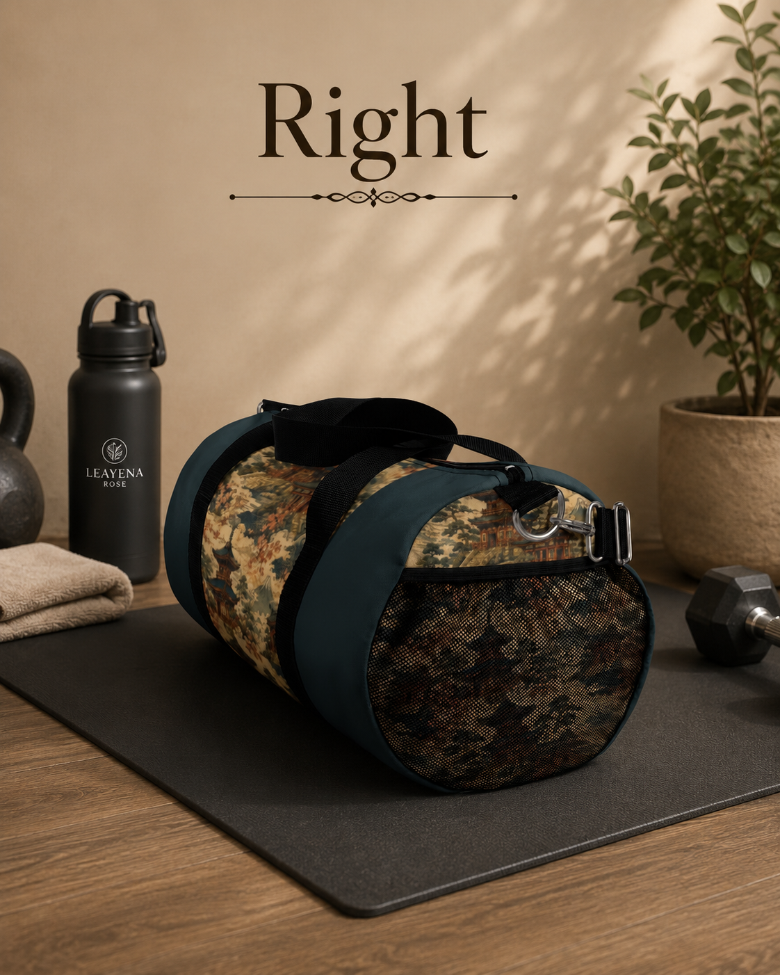 Vintage Japanese Dusty Peacock Temple Painting Duffel Gym Bag