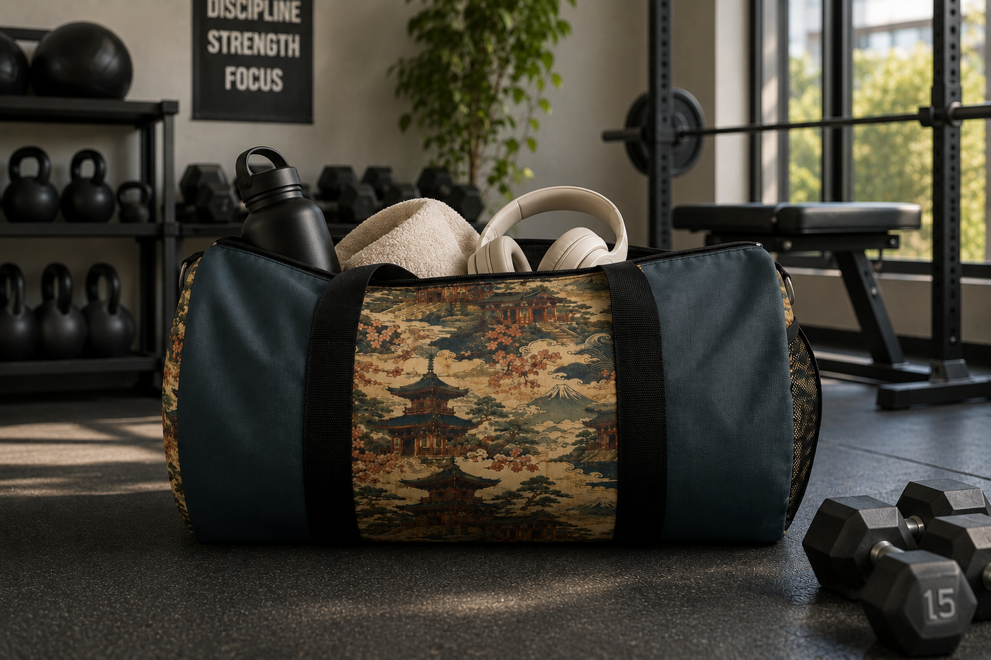 Vintage Japanese Dusty Peacock Temple Painting Duffel Gym Bag