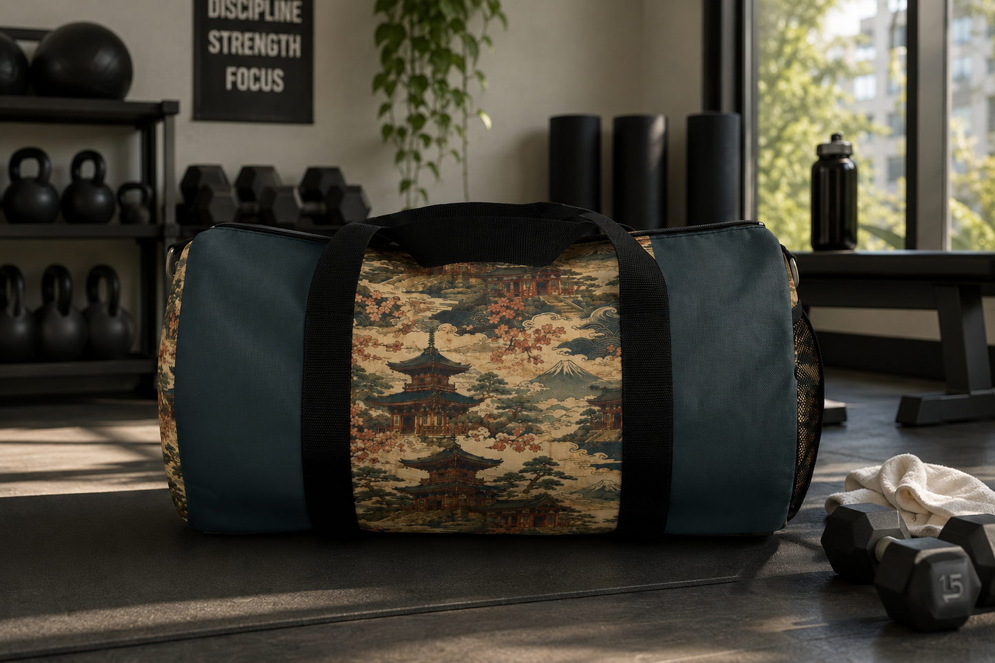 Vintage Japanese Dusty Peacock Temple Painting Duffel Gym Bag