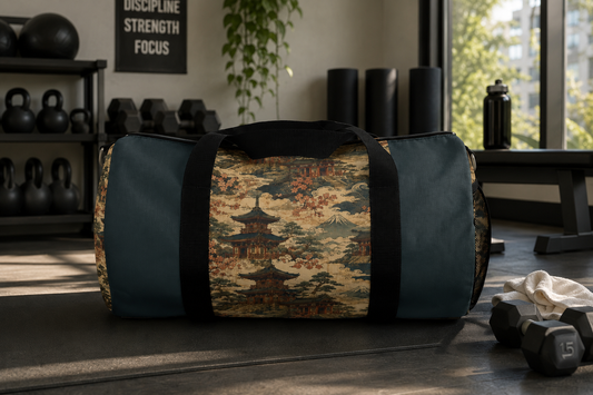Vintage Japanese Dusty Peacock Temple Painting Duffel Gym Bag