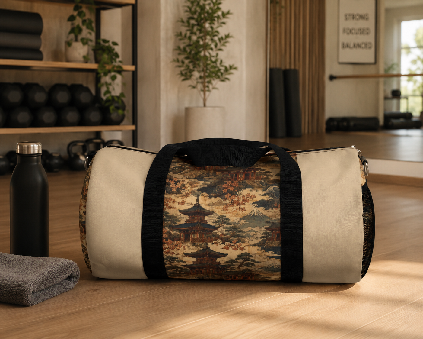 Vintage Japanese Honey Beige Temple Painting Duffel Gym Bag