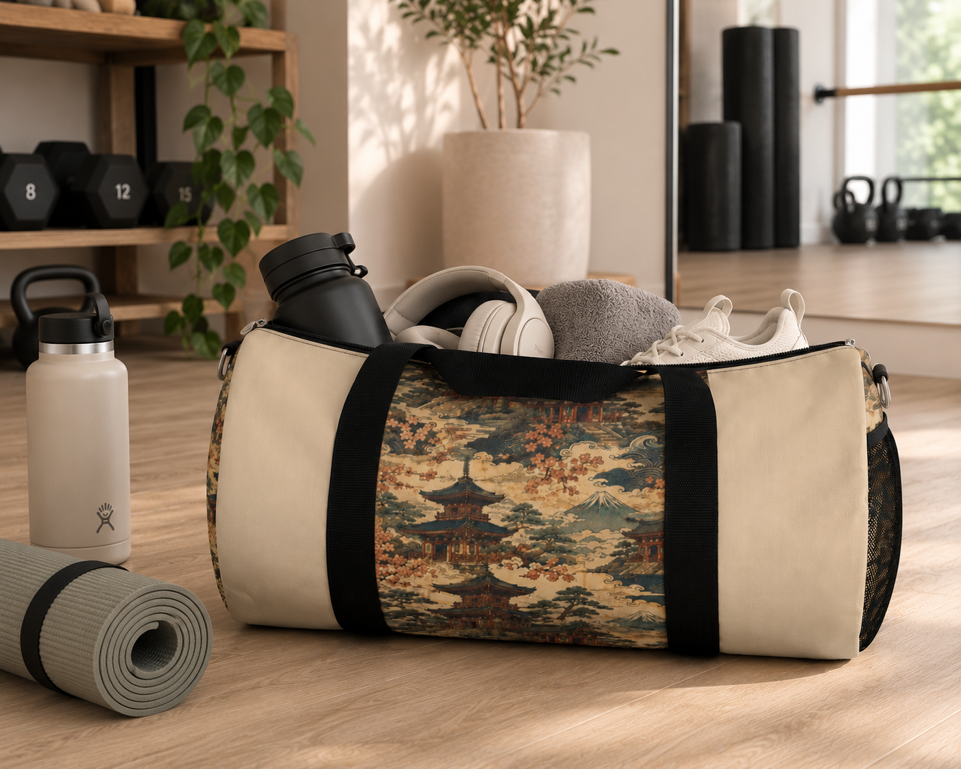 Vintage Japanese Honey Beige Temple Painting Duffel Gym Bag