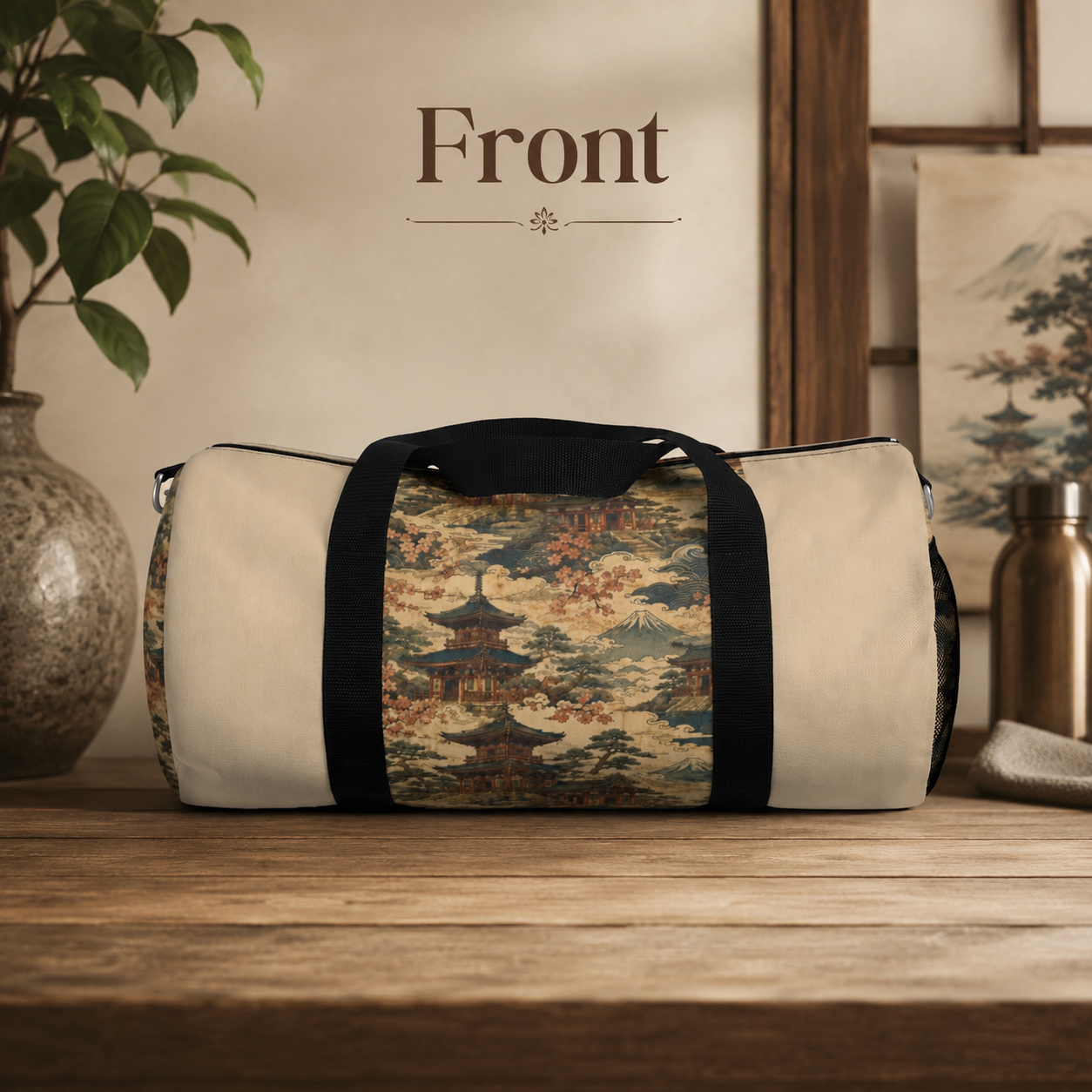Vintage Japanese Honey Beige Temple Painting Duffel Gym Bag