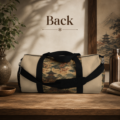 Vintage Japanese Honey Beige Temple Painting Duffel Gym Bag