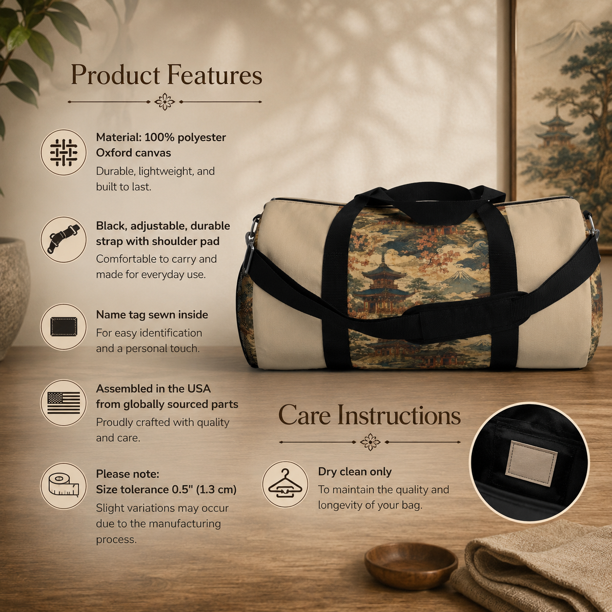 Vintage Japanese Honey Beige Temple Painting Duffel Gym Bag
