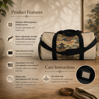 Vintage Japanese Honey Beige Temple Painting Duffel Gym Bag