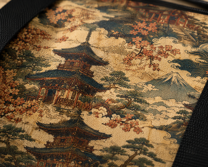 Vintage Japanese Honey Beige Temple Painting Duffel Gym Bag