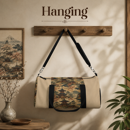 Vintage Japanese Honey Beige Temple Painting Duffel Gym Bag