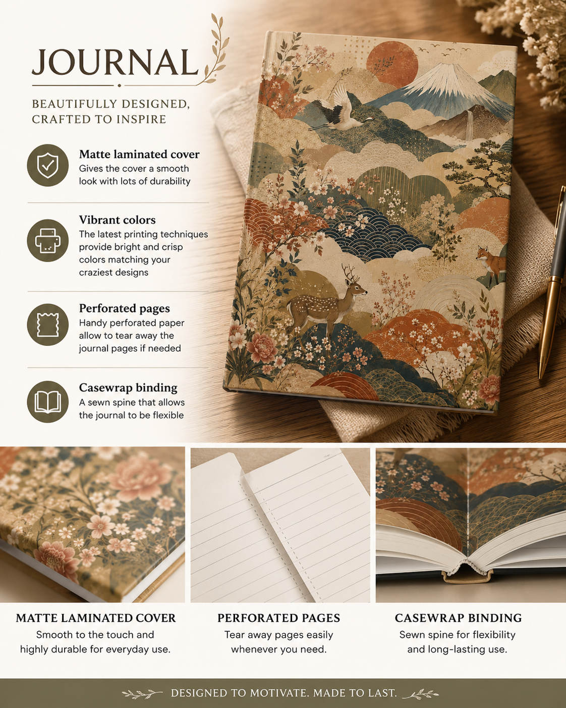 Vintage Japanese Animal Landscape Painting Hardcover Journal