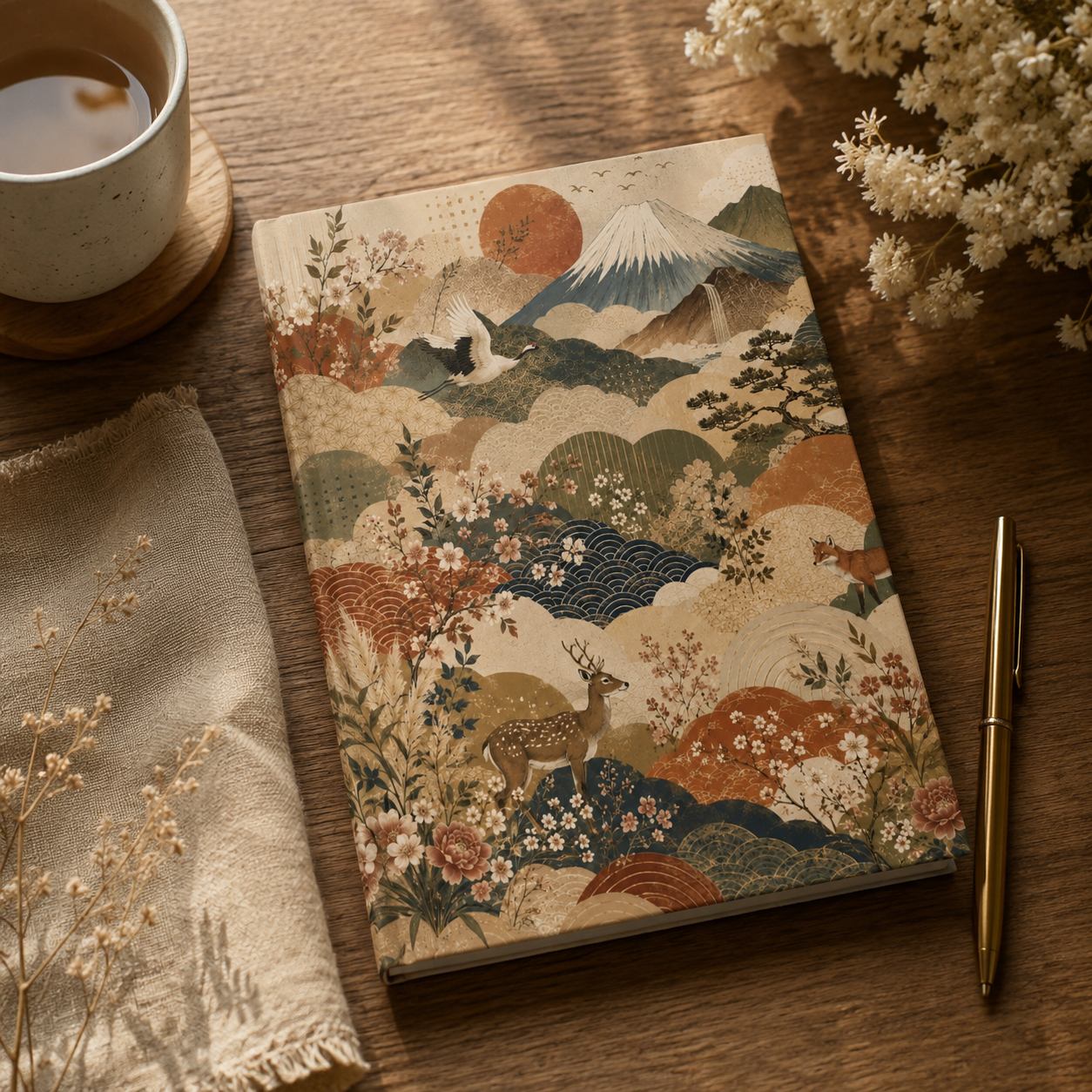 Vintage Japanese Animal Landscape Painting Hardcover Journal