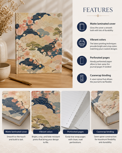 Vintage Japanese Wave & Clouds Painting Hardcover Journal