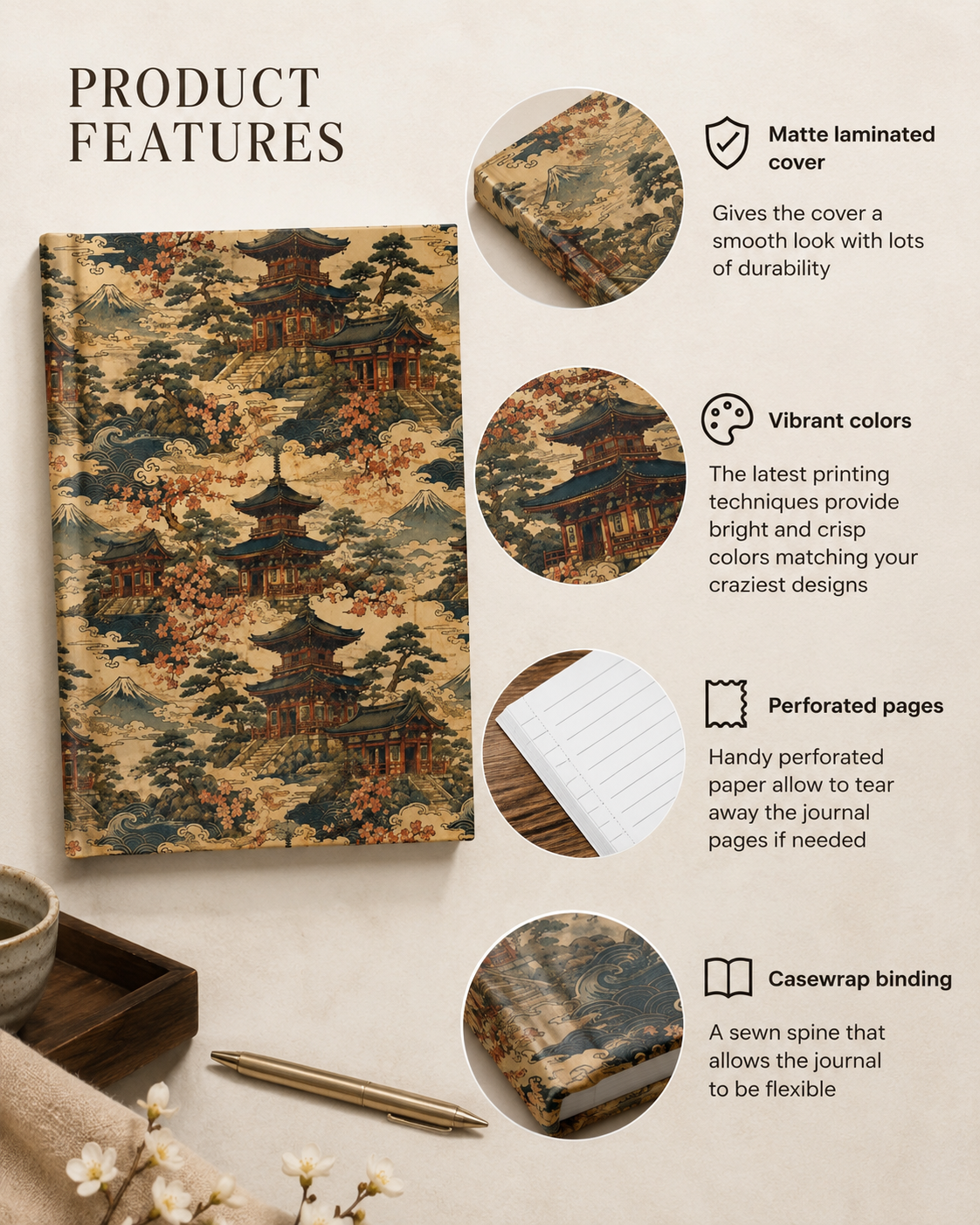 Vintage Japanese Temple Painting Hardcover Journal