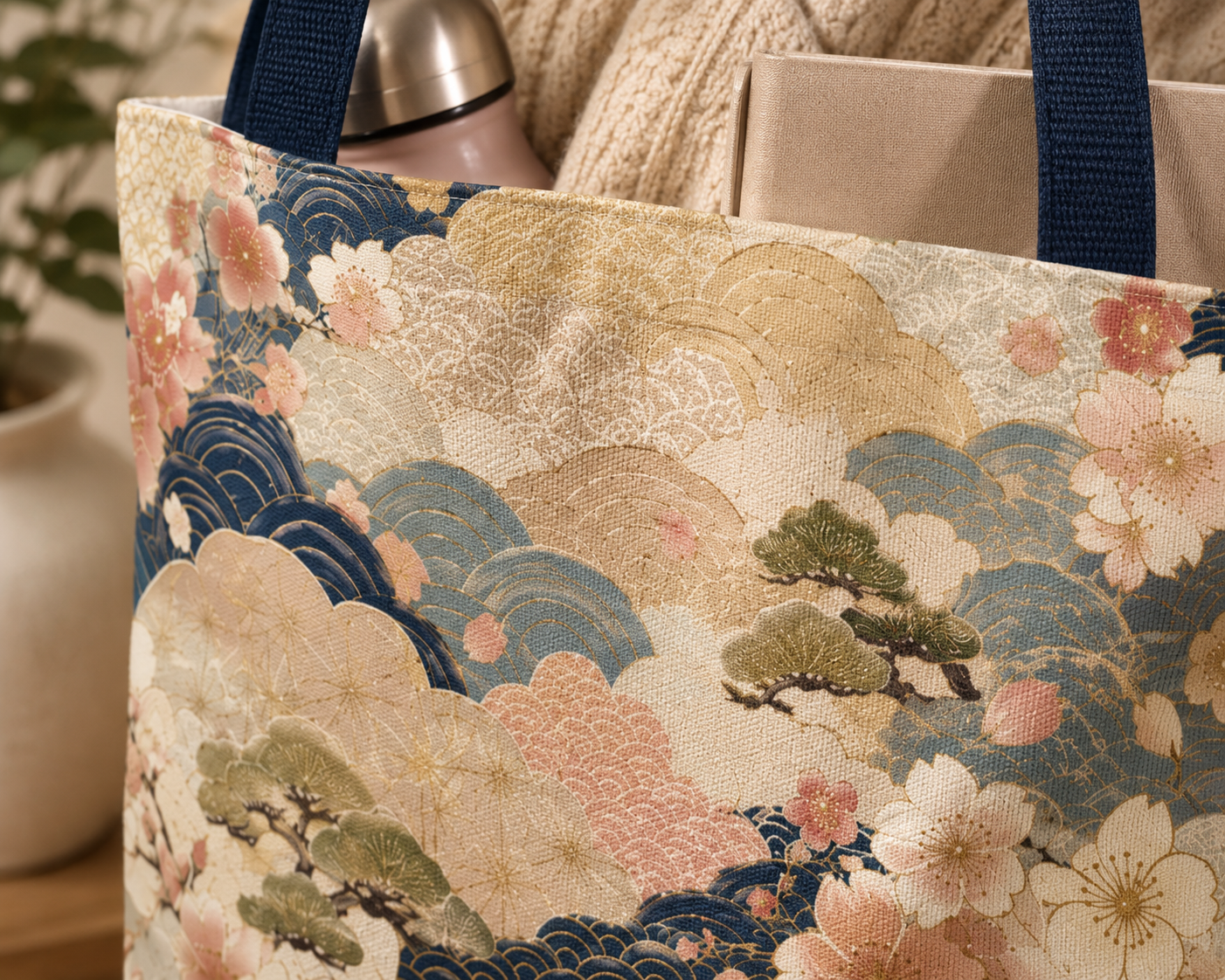 Vintage Japanese Waves & Clouds Painting Full Art Tote Bag
