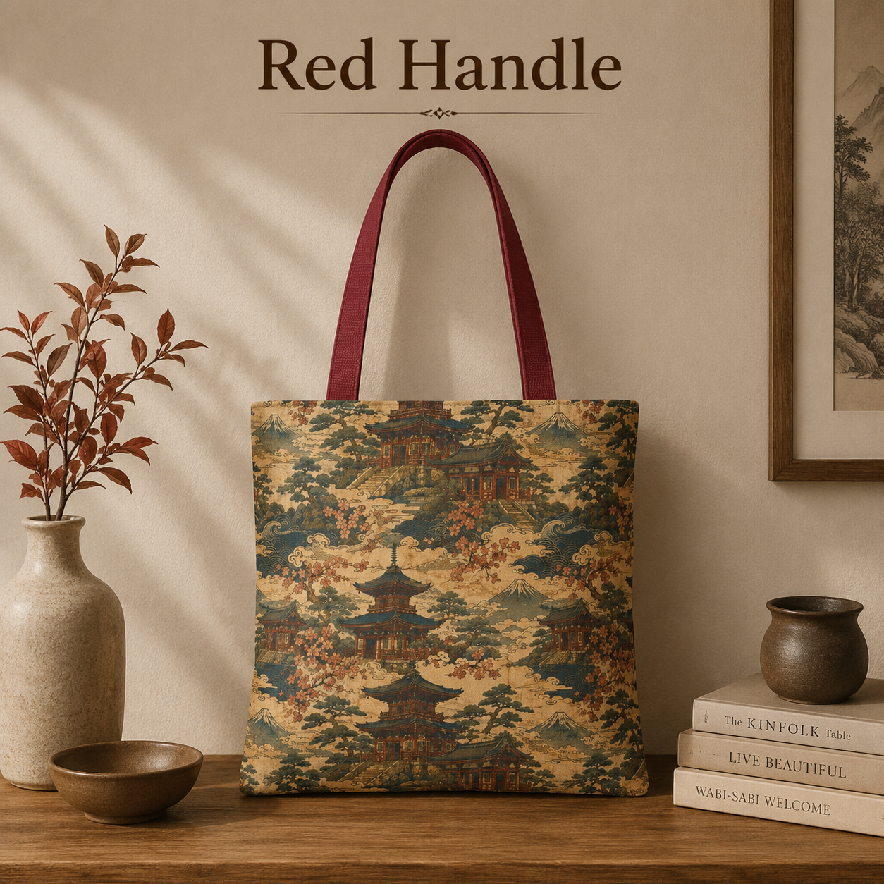 Vintage Japanese Temple Painting Full Art Tote Bag