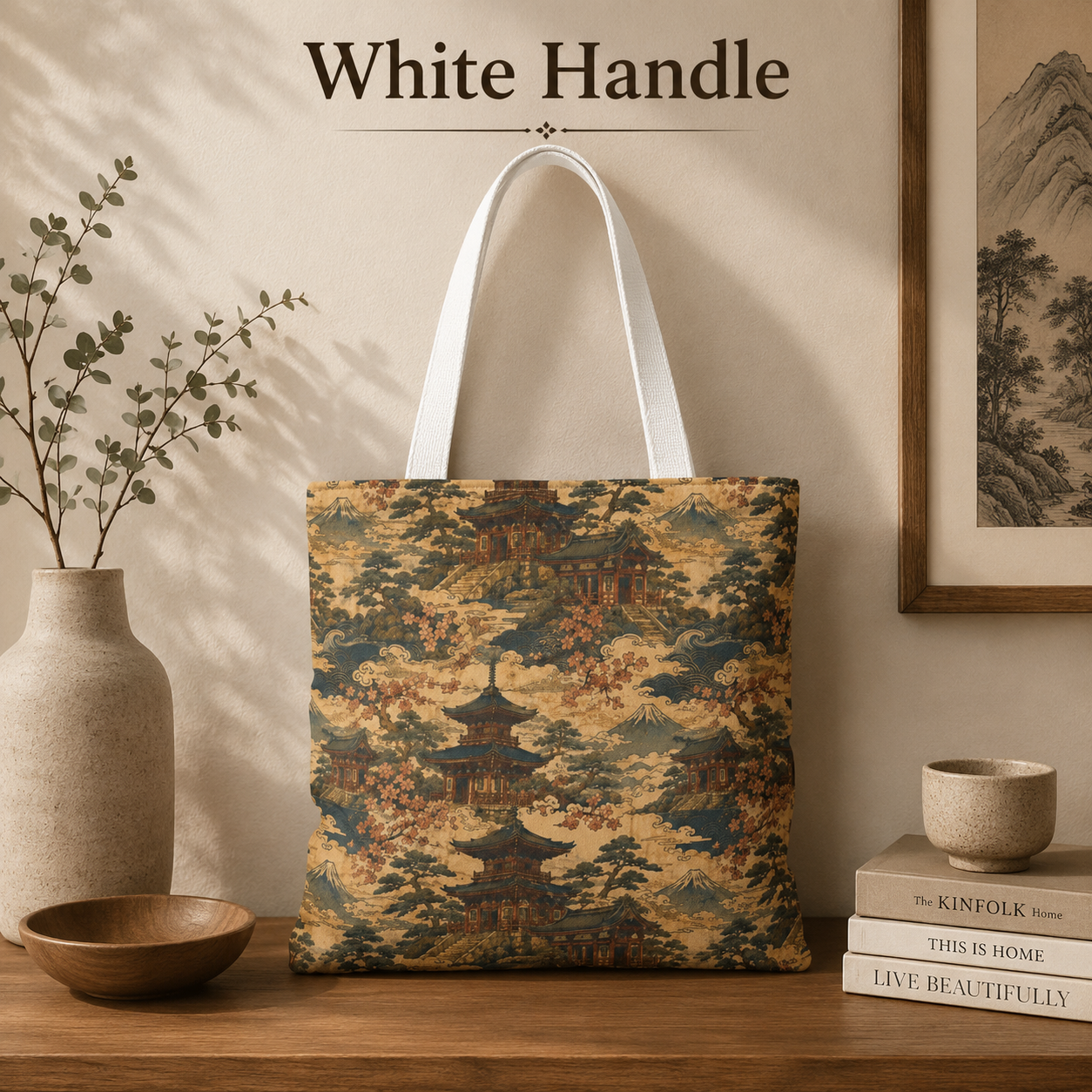 Vintage Japanese Temple Painting Full Art Tote Bag