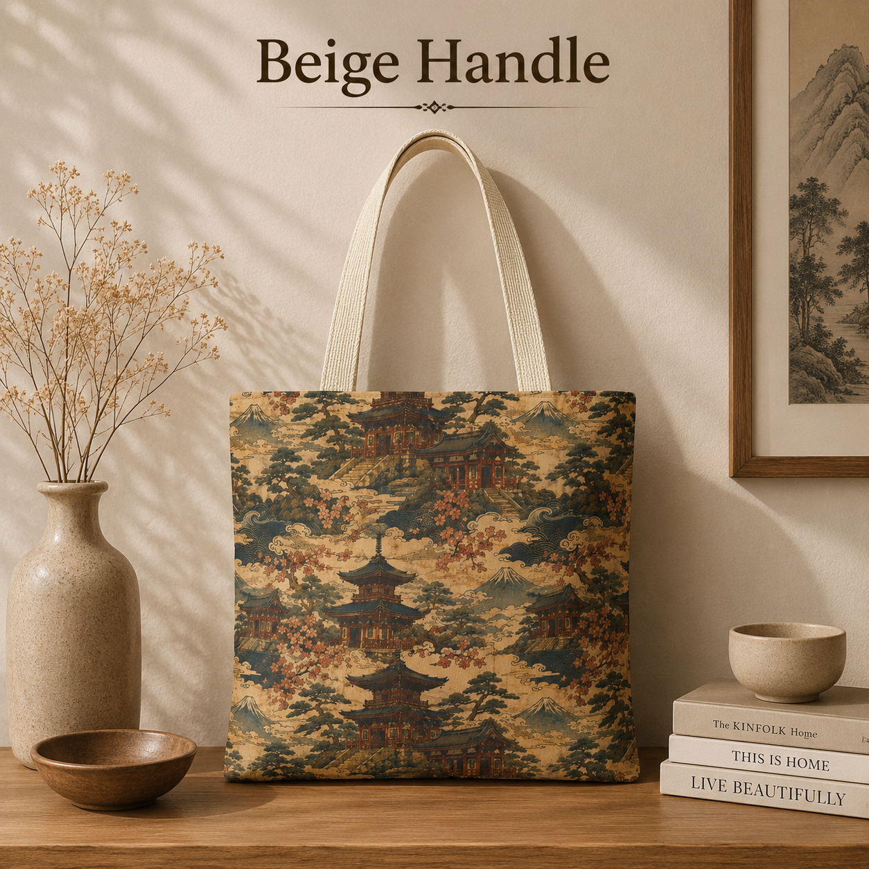 Vintage Japanese Temple Painting Full Art Tote Bag