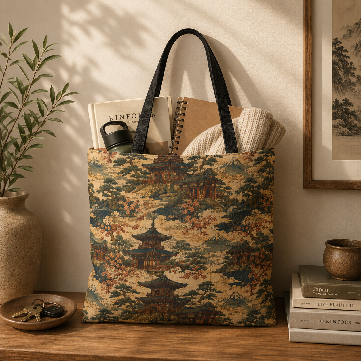 Vintage Japanese Temple Painting Full Art Tote Bag