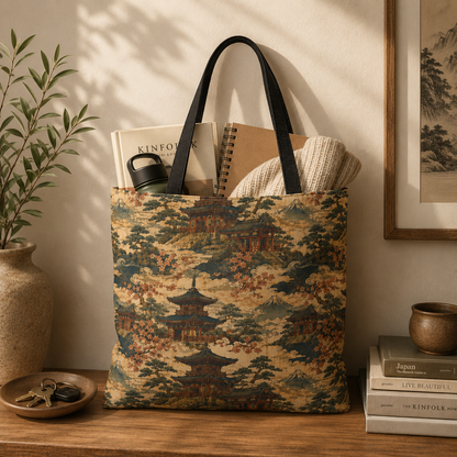 Vintage Japanese Temple Painting Full Art Tote Bag