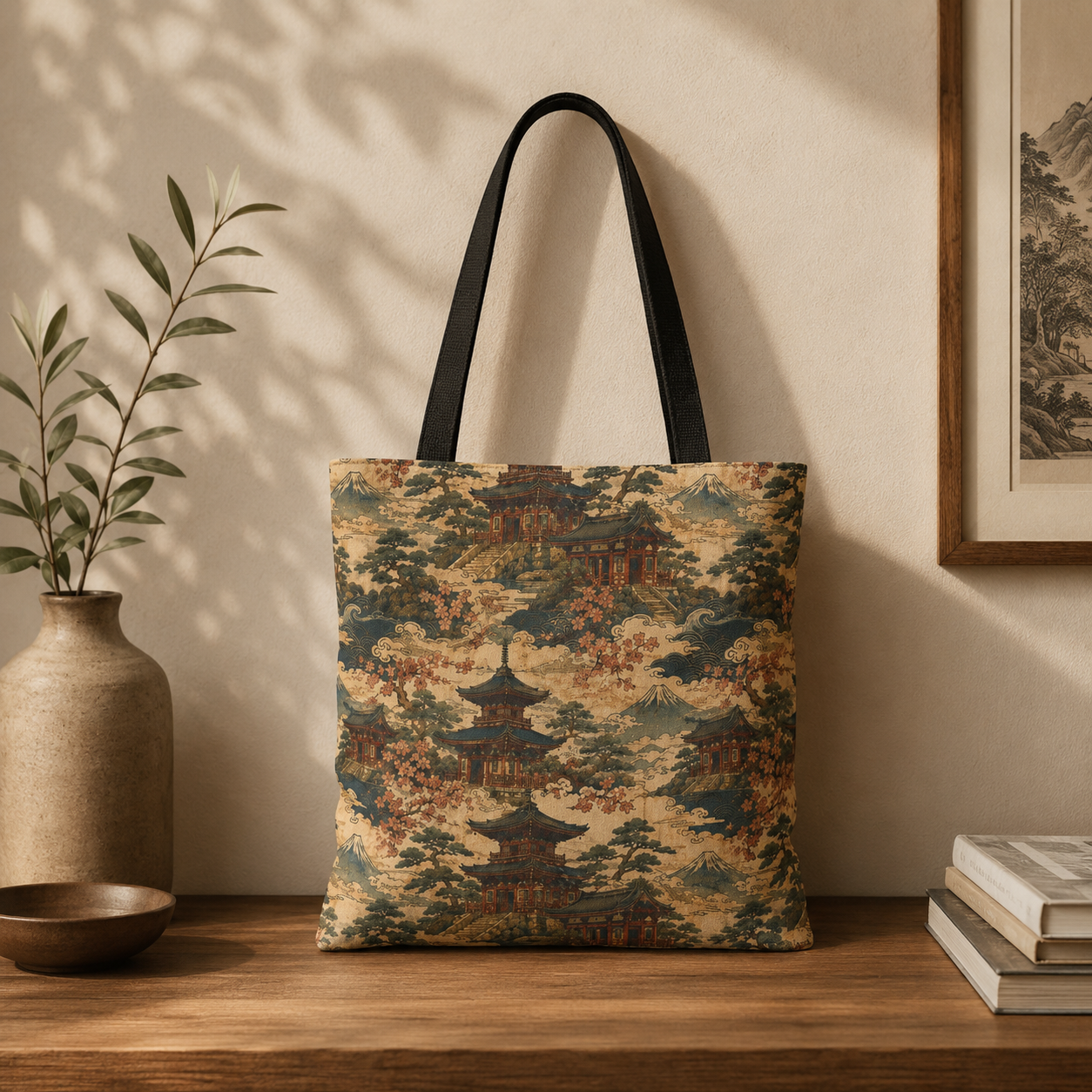 Vintage Japanese Temple Painting Full Art Tote Bag