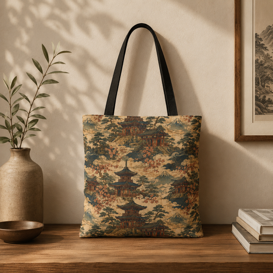 Vintage Japanese Temple Painting Full Art Tote Bag