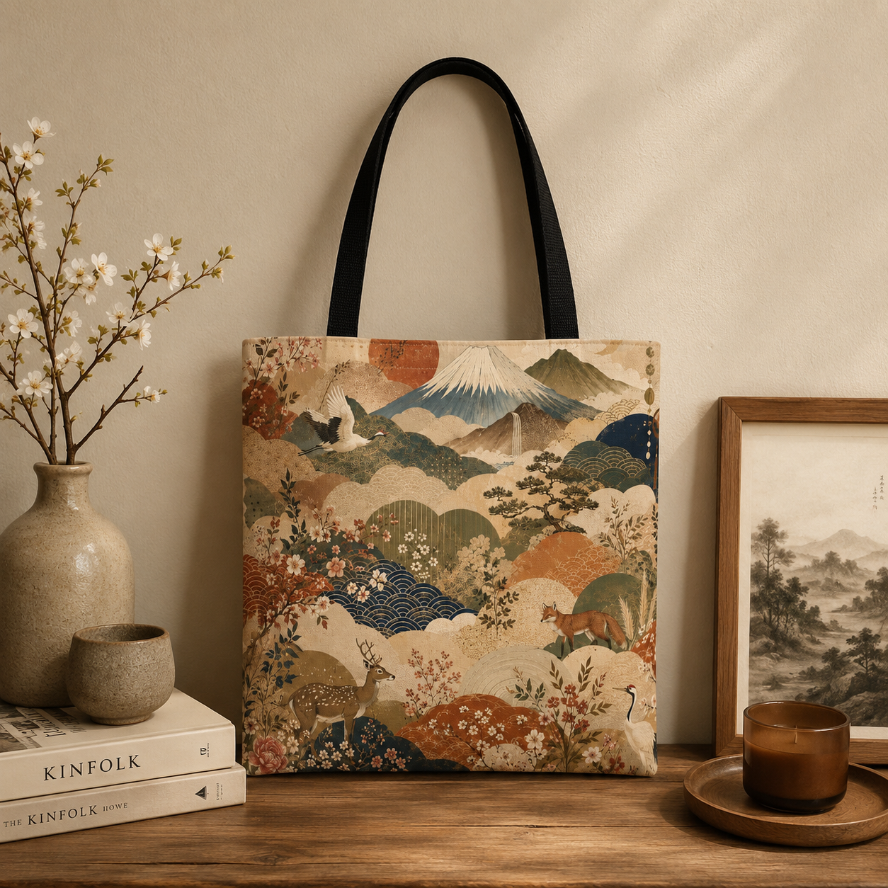 Vintage Japanese Animal Landscape Painting Full Art Tote Bag