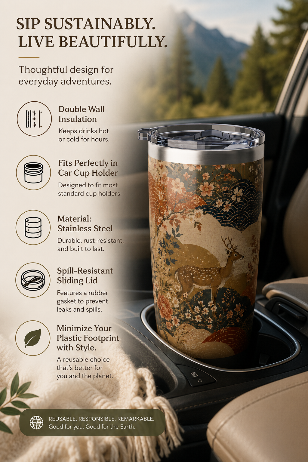 Vintage Japanese Animal Landscape Painting 20oz Insulated Tumbler Water Bottle