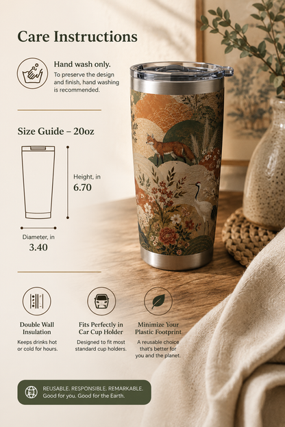 Vintage Japanese Animal Landscape Painting 20oz Insulated Tumbler Water Bottle