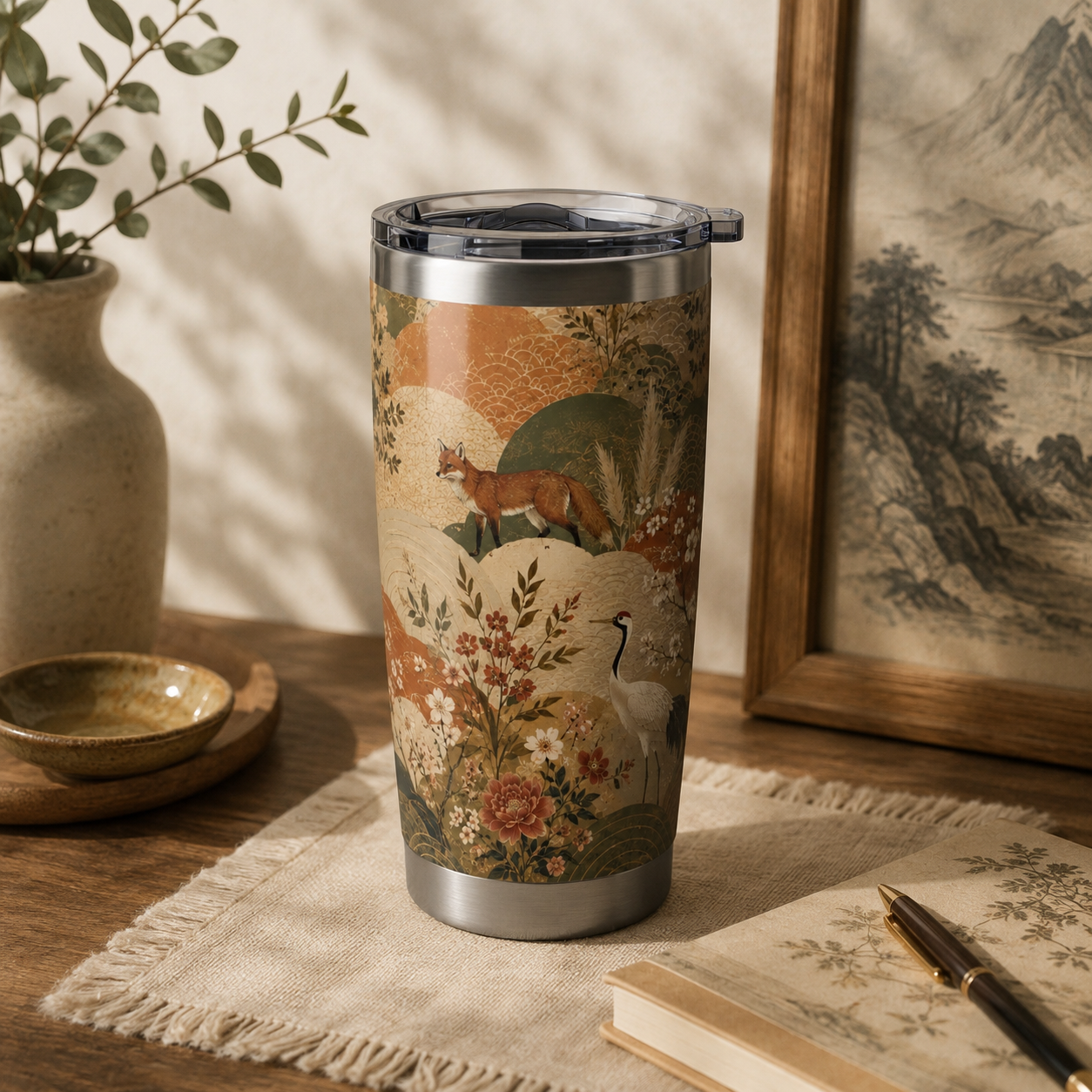 Vintage Japanese Animal Landscape Painting 20oz Insulated Tumbler Water Bottle