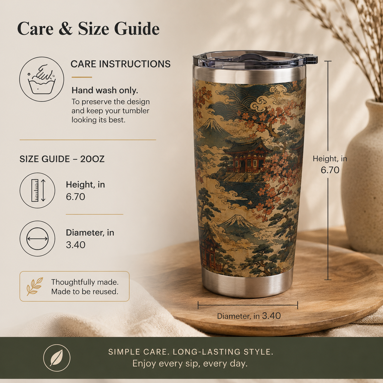 Vintage Japanese Temple Painting 20oz Insulated Tumbler Water Bottle