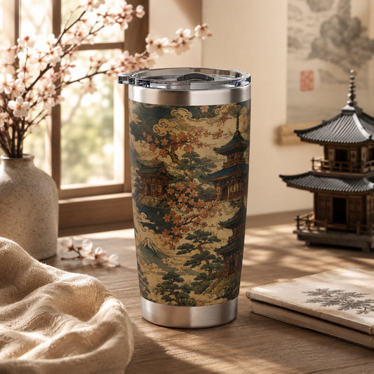 Vintage Japanese Temple Painting 20oz Insulated Tumbler Water Bottle