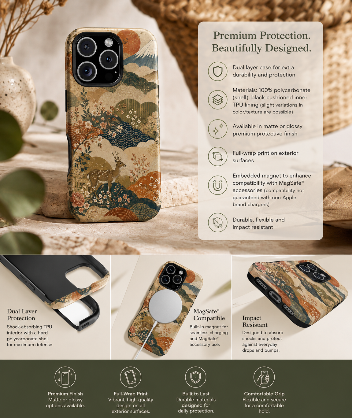 Vintage Japanese Animal Landscape Magnetic Impact-Resistant iPhone Cases