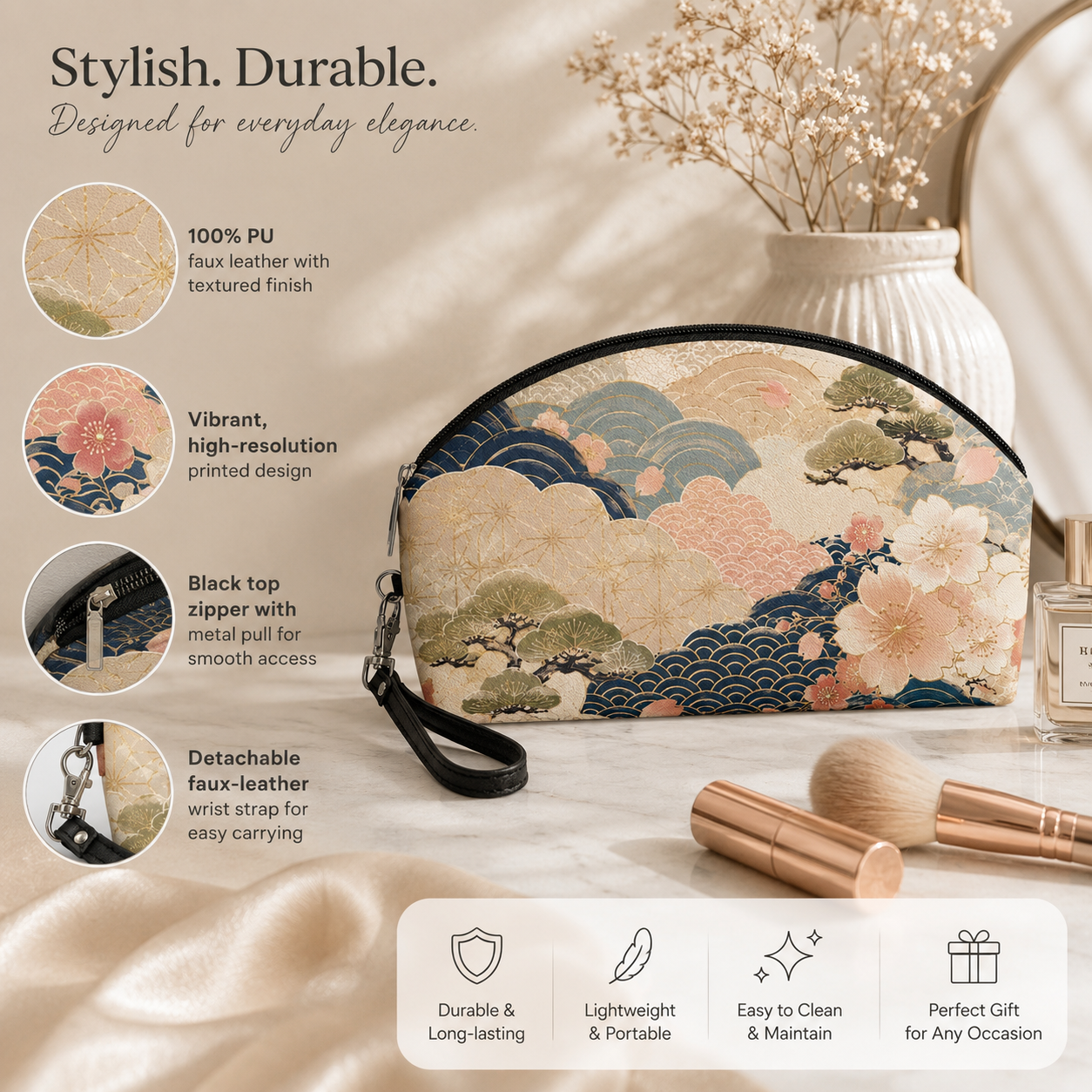 Vintage Japanese Wave & Clouds Painting Cosmetic Makeup Pouch