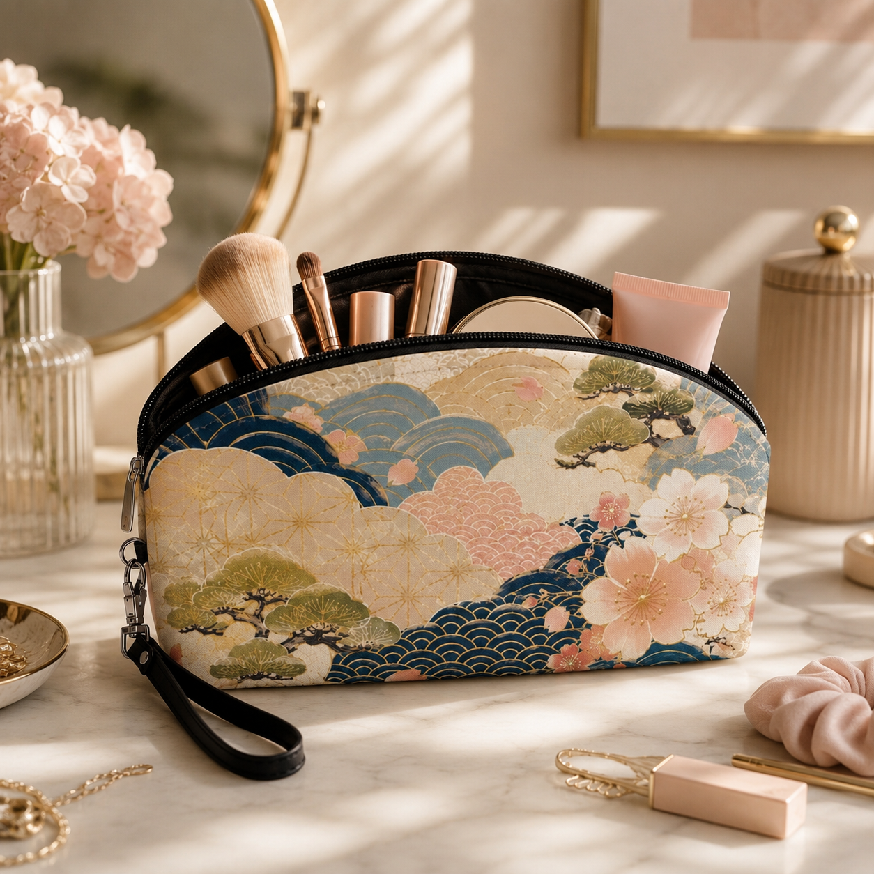 Vintage Japanese Wave & Clouds Painting Cosmetic Makeup Pouch