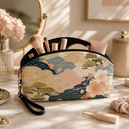 Vintage Japanese Wave & Clouds Painting Cosmetic Makeup Pouch