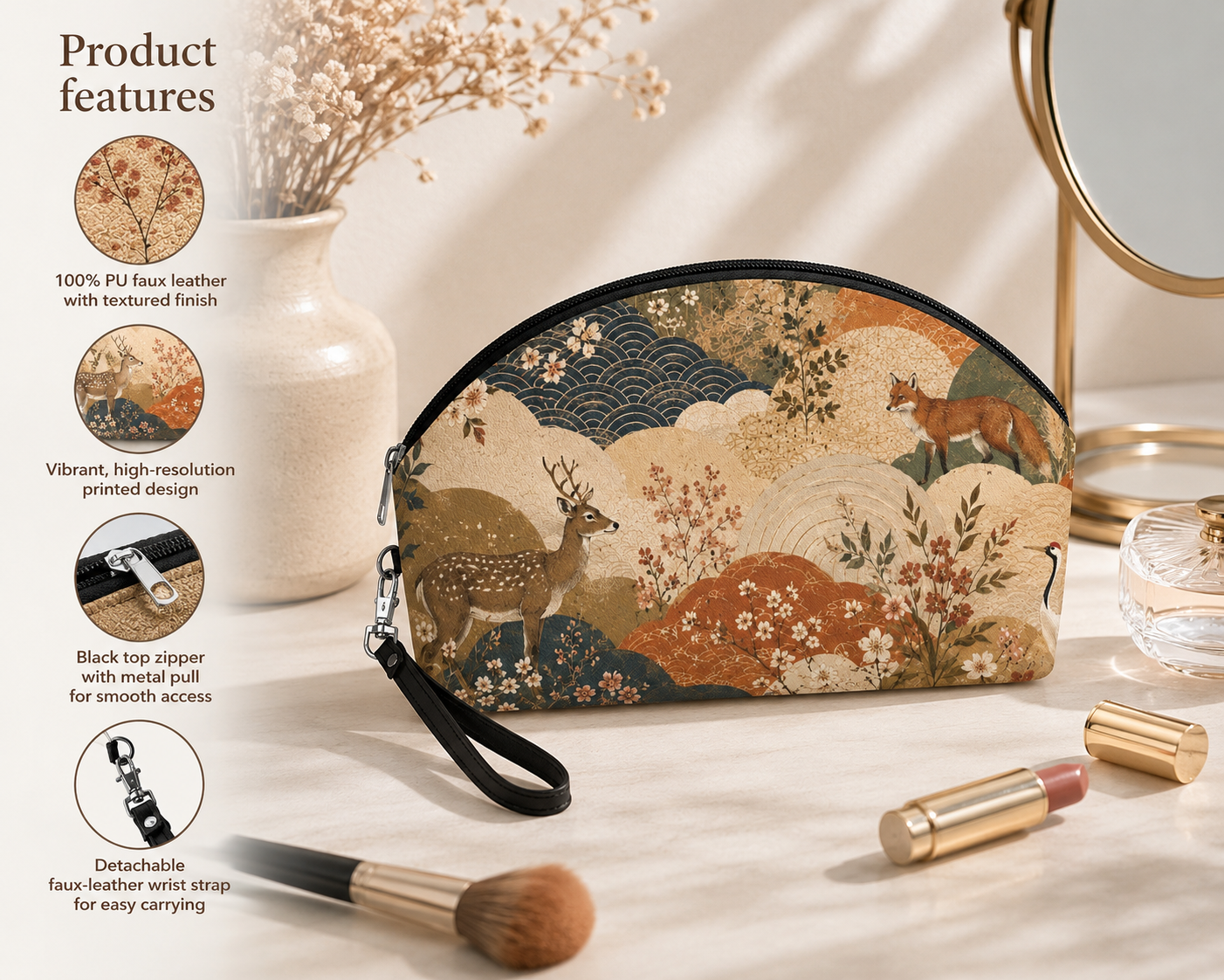 Vintage Japanese Animal Painting Cosmetic Makeup Pouch