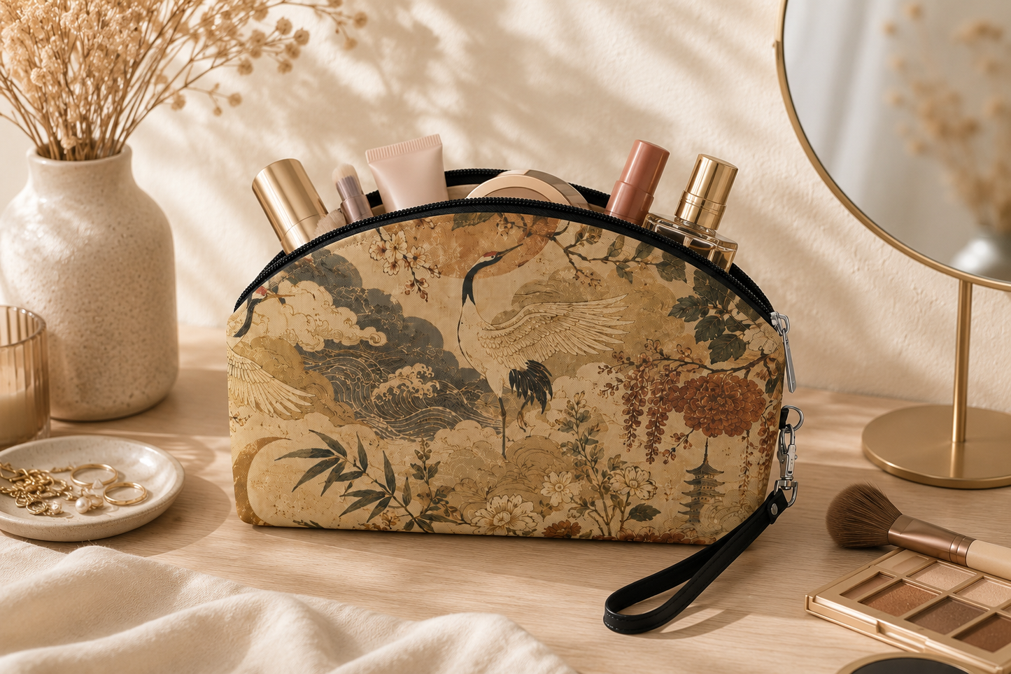 Vintage Japanese Crane Painting Cosmetic Makeup Pouch