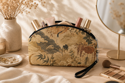 Vintage Japanese Crane Painting Cosmetic Makeup Pouch