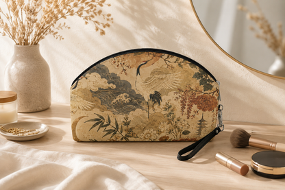 Vintage Japanese Crane Painting Cosmetic Makeup Pouch