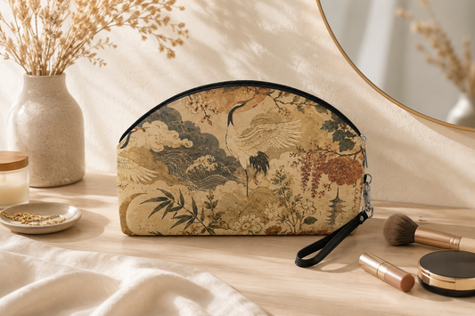 Vintage Japanese Crane Painting Cosmetic Makeup Pouch