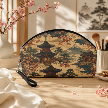 Vintage Japanese Temple Painting Cosmetic Makeup Pouch