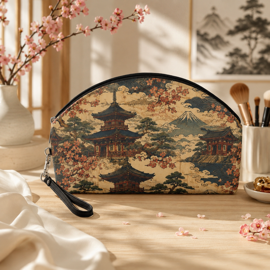 Vintage Japanese Temple Painting Cosmetic Makeup Pouch