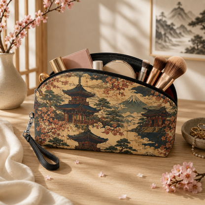 Vintage Japanese Temple Painting Cosmetic Makeup Pouch