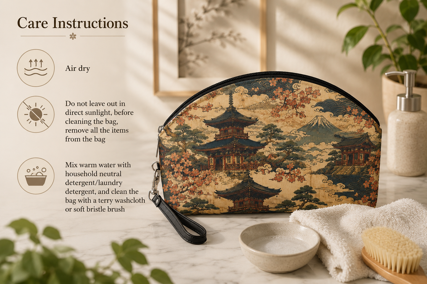 Vintage Japanese Temple Painting Cosmetic Makeup Pouch
