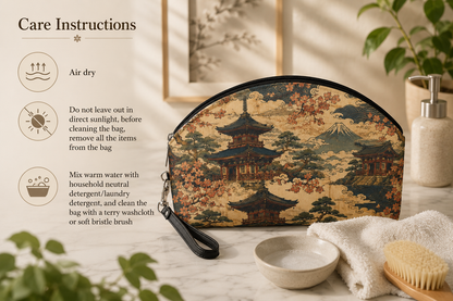 Vintage Japanese Temple Painting Cosmetic Makeup Pouch