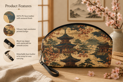 Vintage Japanese Temple Painting Cosmetic Makeup Pouch