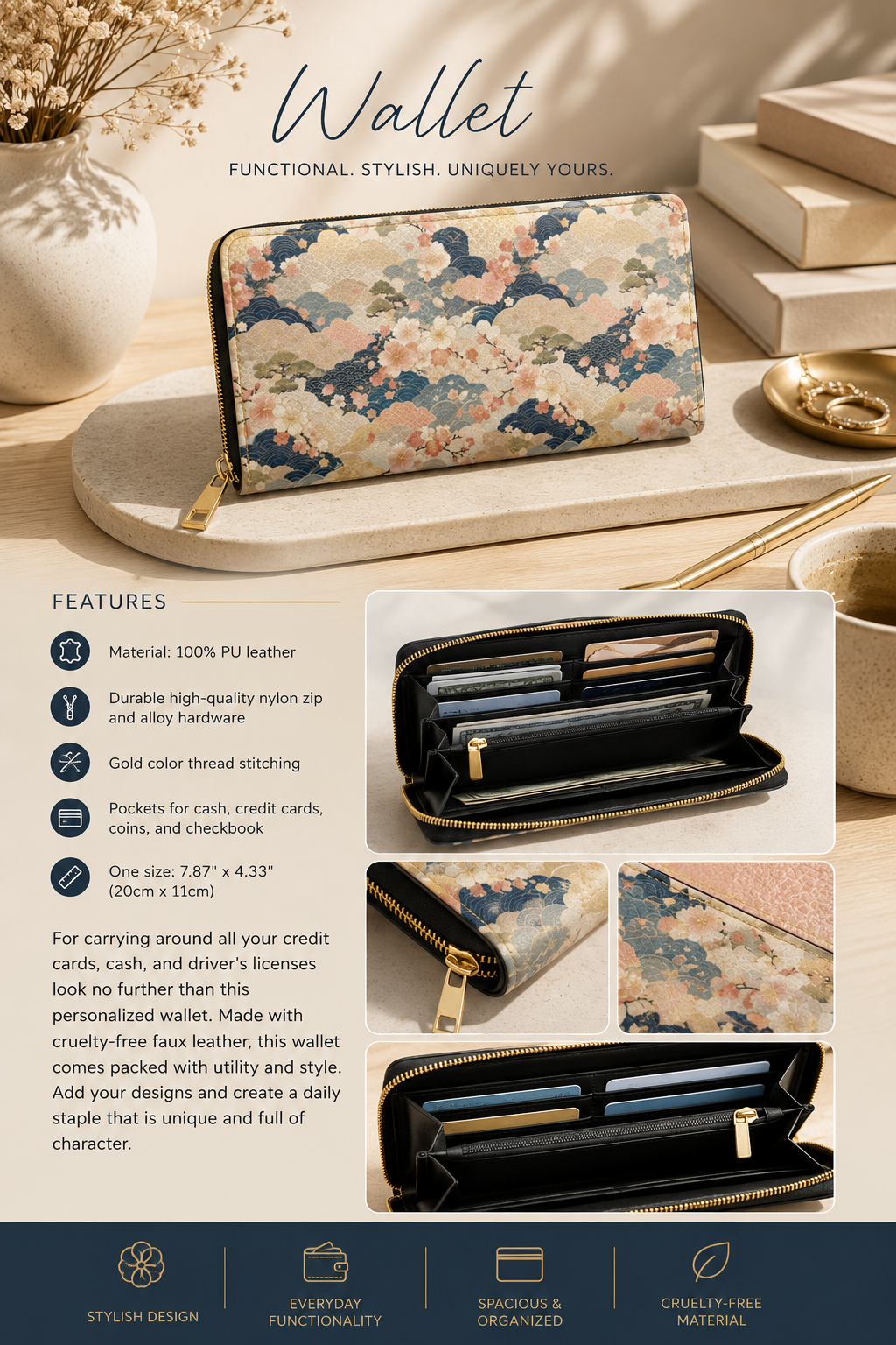 Vintage Japanese Blossom Wave Zipper Wallet