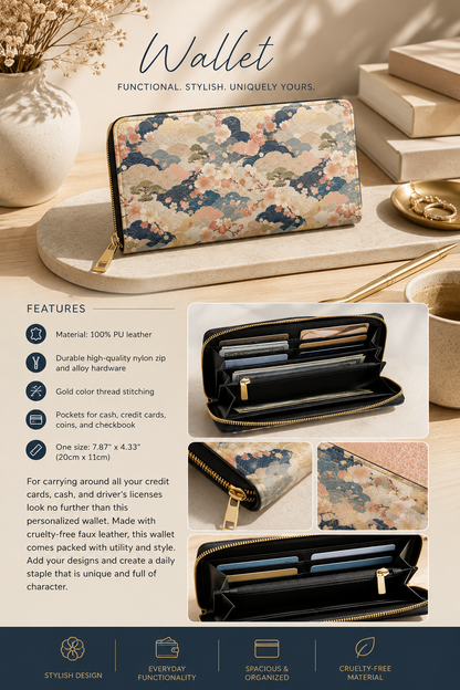 Vintage Japanese Blossom Wave Zipper Wallet