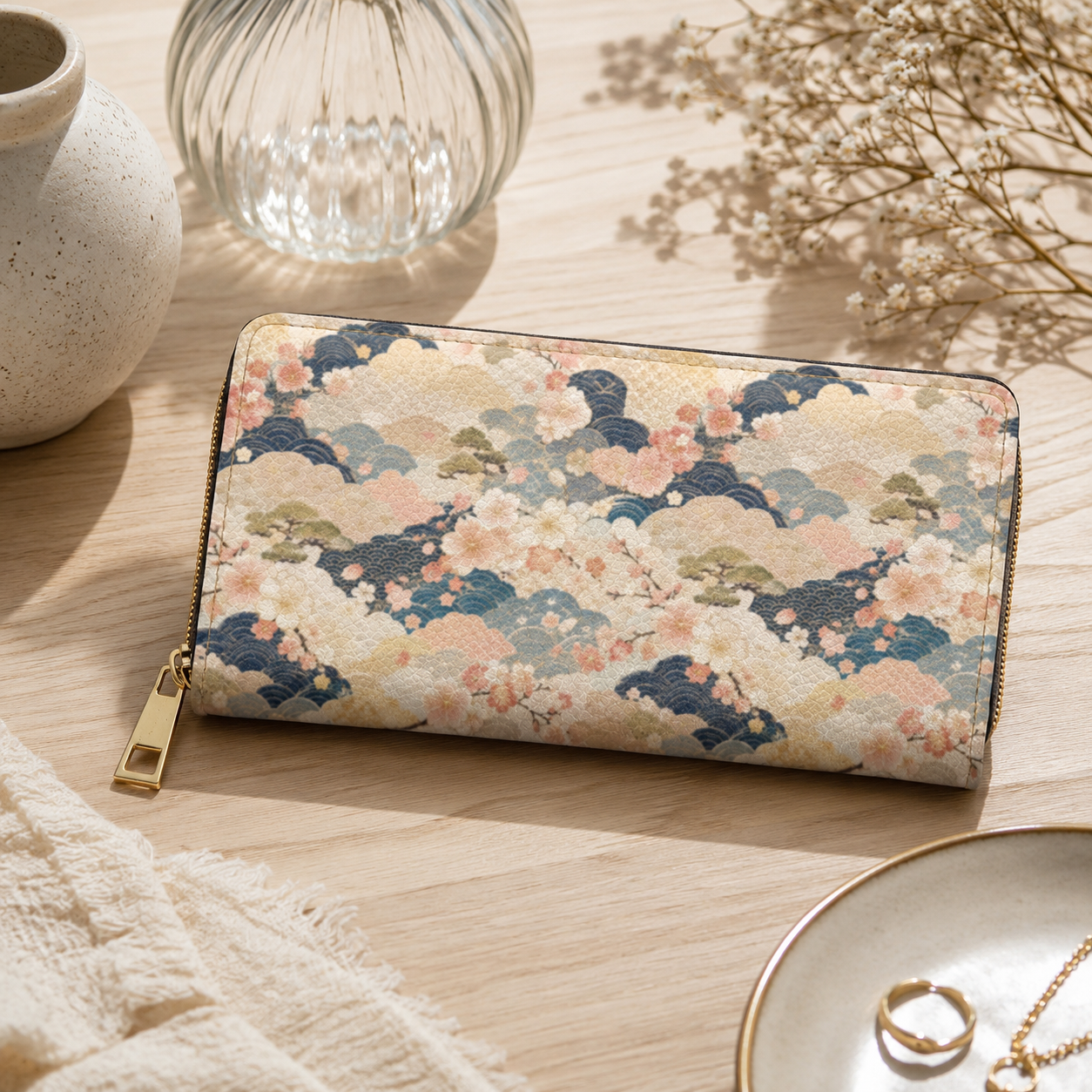 Vintage Japanese Blossom Wave Zipper Wallet